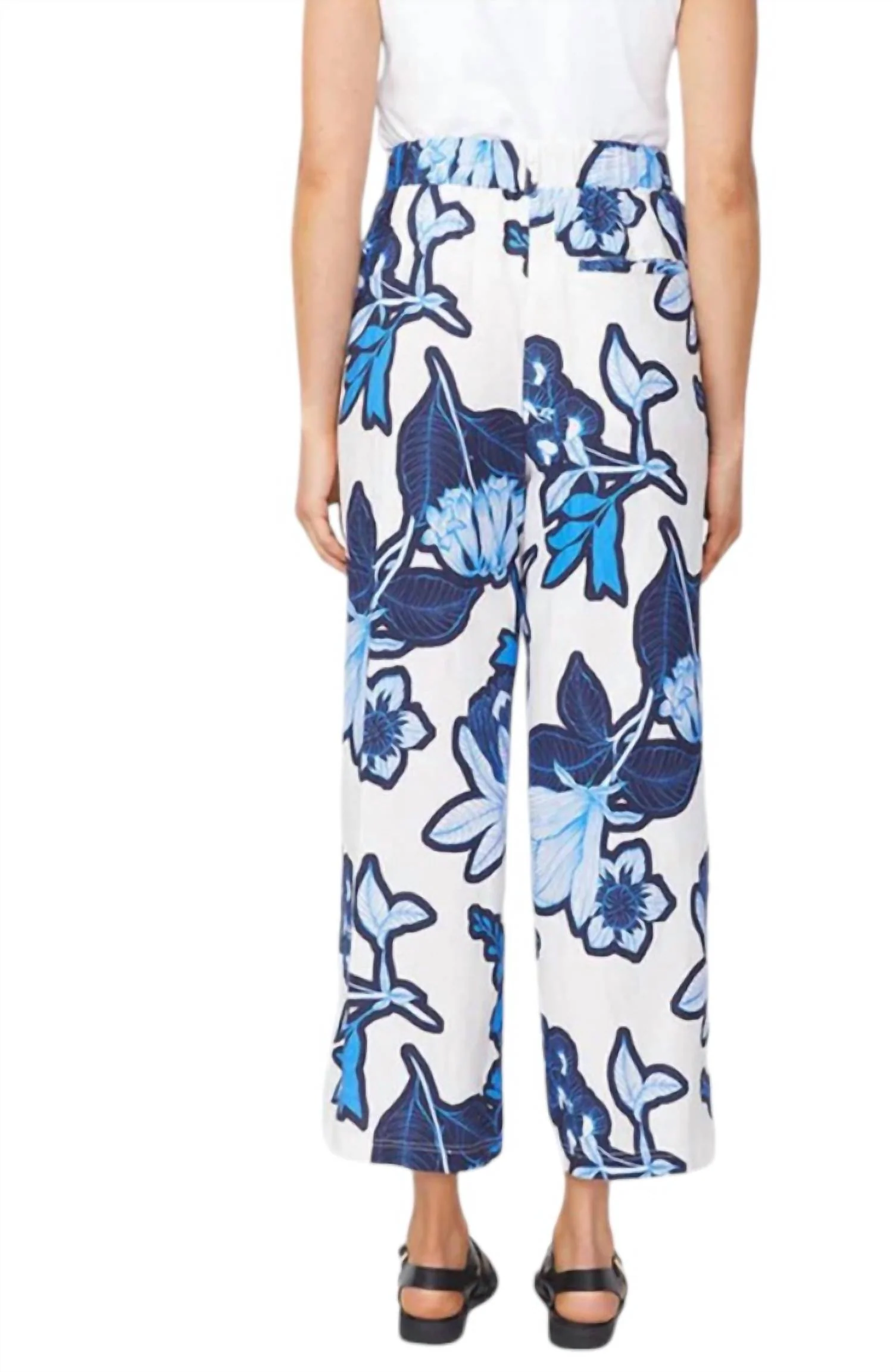 Floral Linen Cropped Trouser In Blue/white