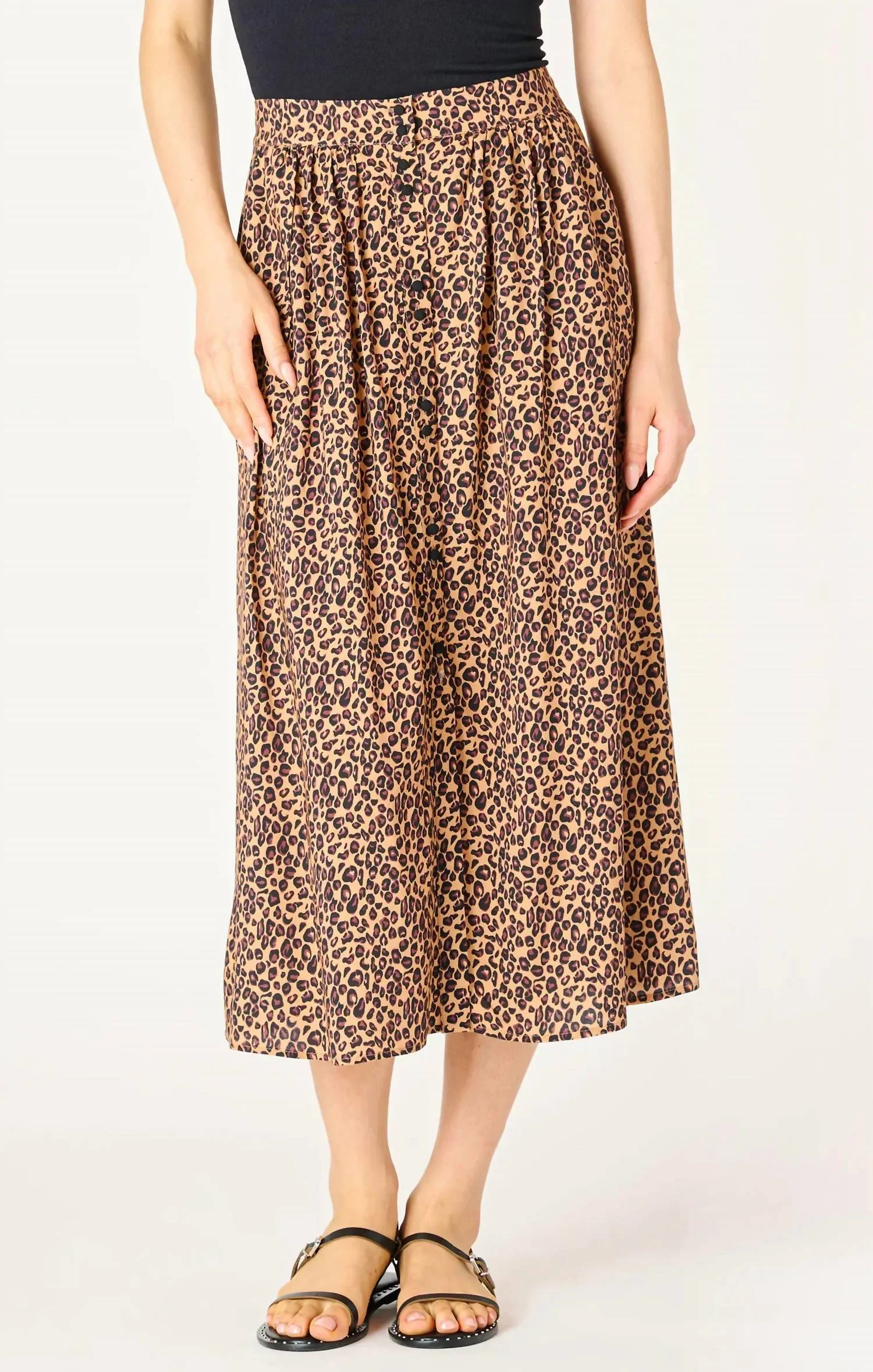 Button Front Midi Skirt In Leopard Print