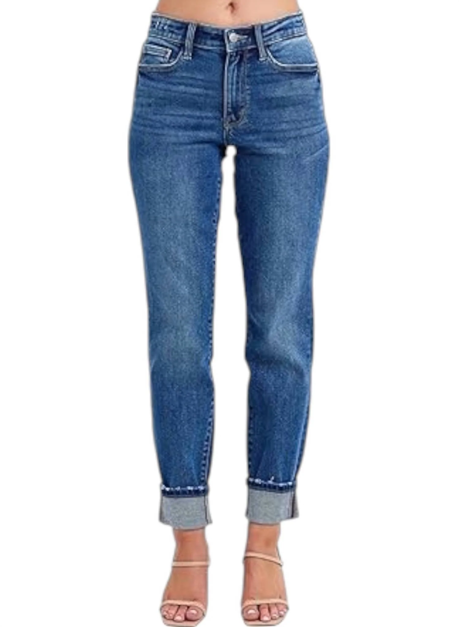 Midrise Vintage Wash Cuff Boyfriend Jeans In Dark Blue