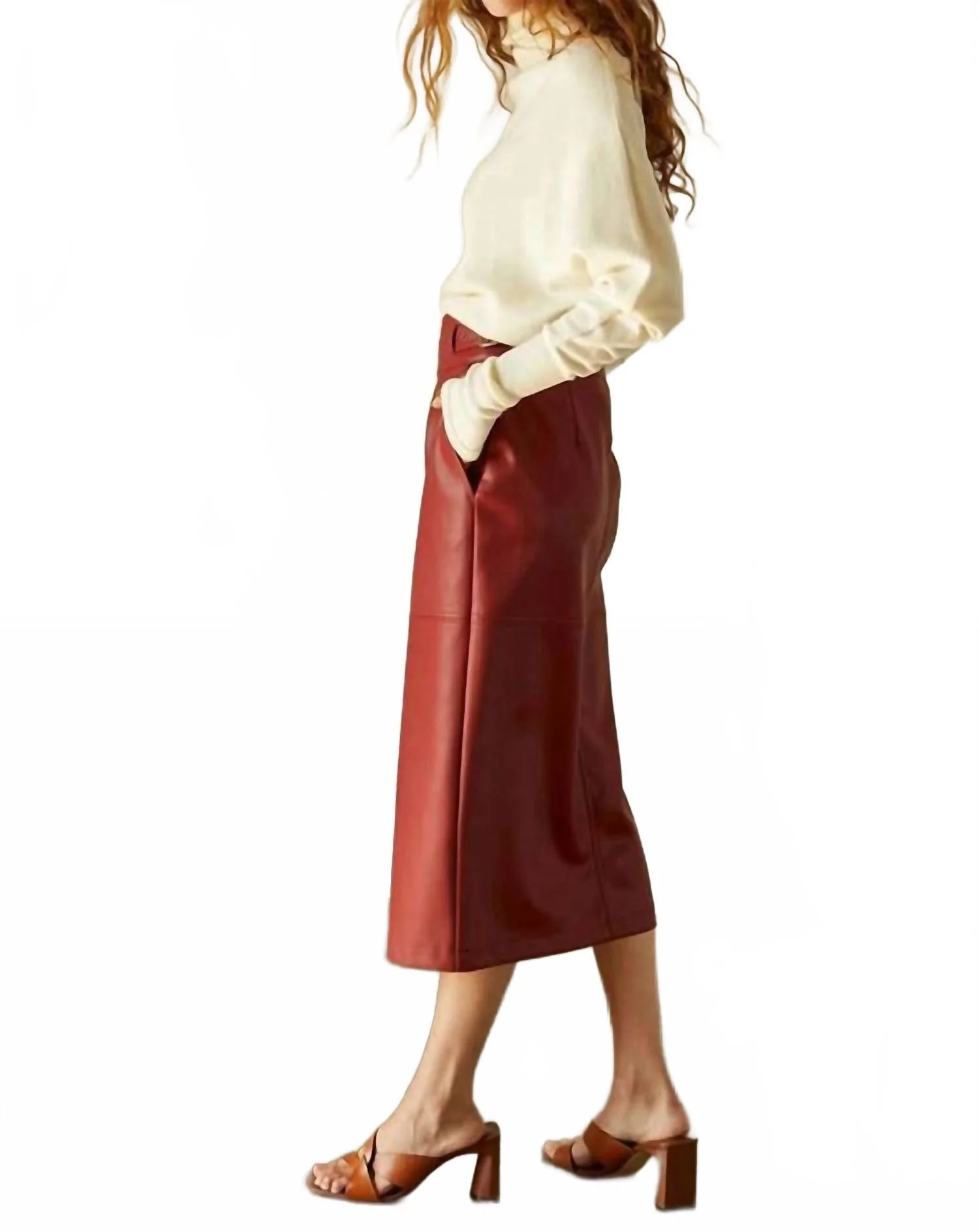 Natalie Vegan Polyurethane Midi Skirt In Brick