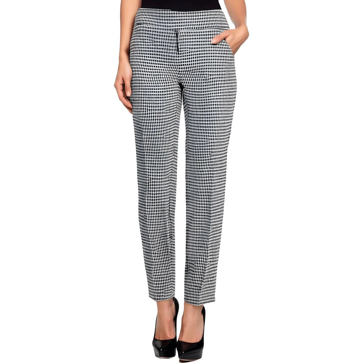 Petites Womens Printed Houndstooth Straight Leg Pants