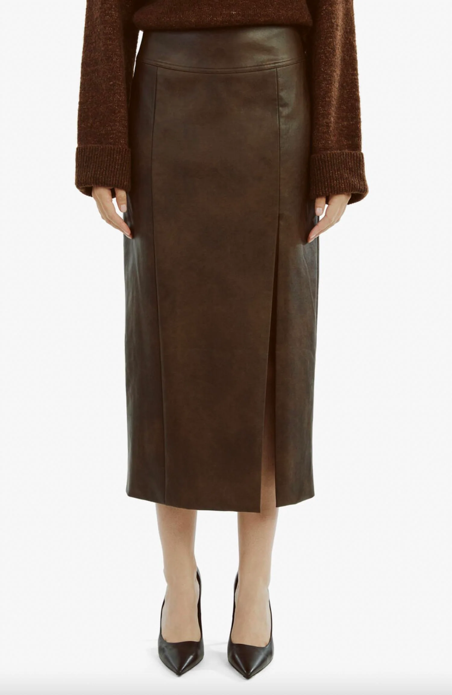 Dante Faux Leather Midi Skirt In Dark Chocolate