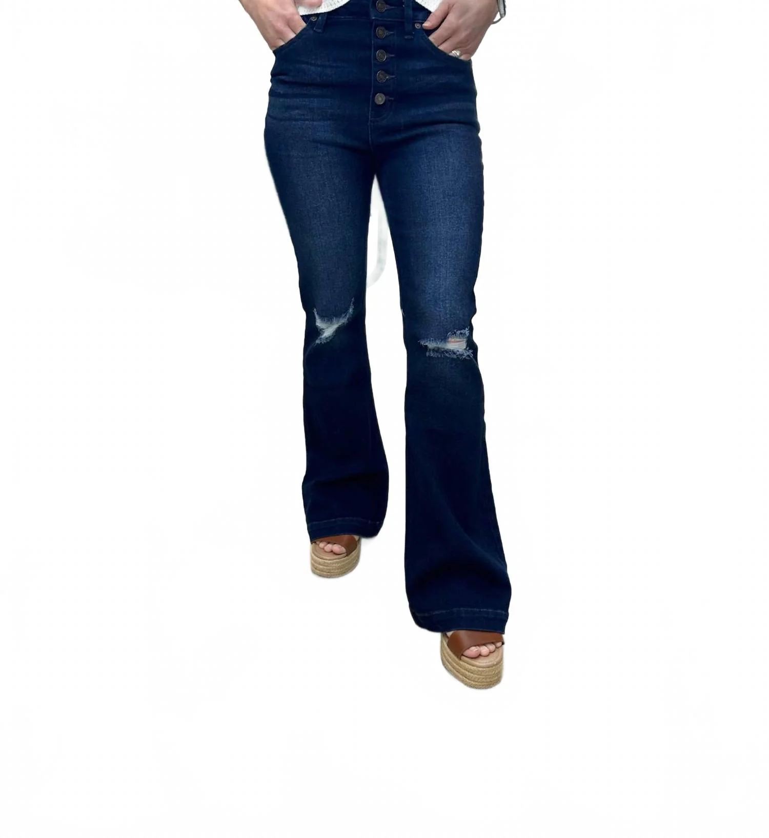 Petite High Rise Button Fly Flare Jeans In Dark
