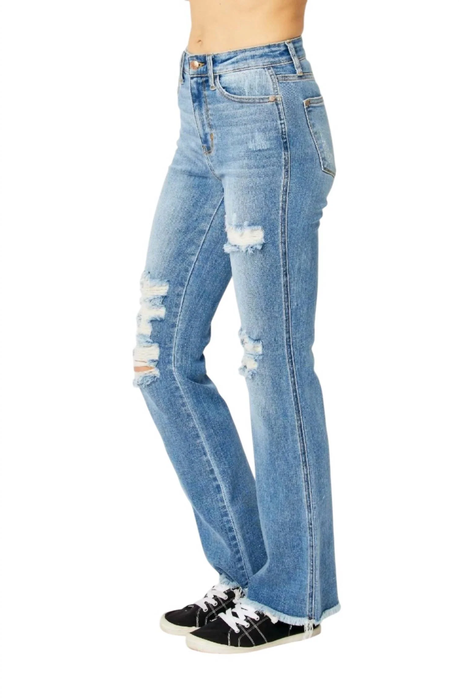 High Waisted Destroy Fray Hem Bootcut Jeans In Medium Blue