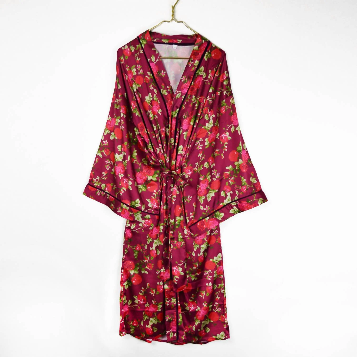 Floral Satin Robe In Burgundy