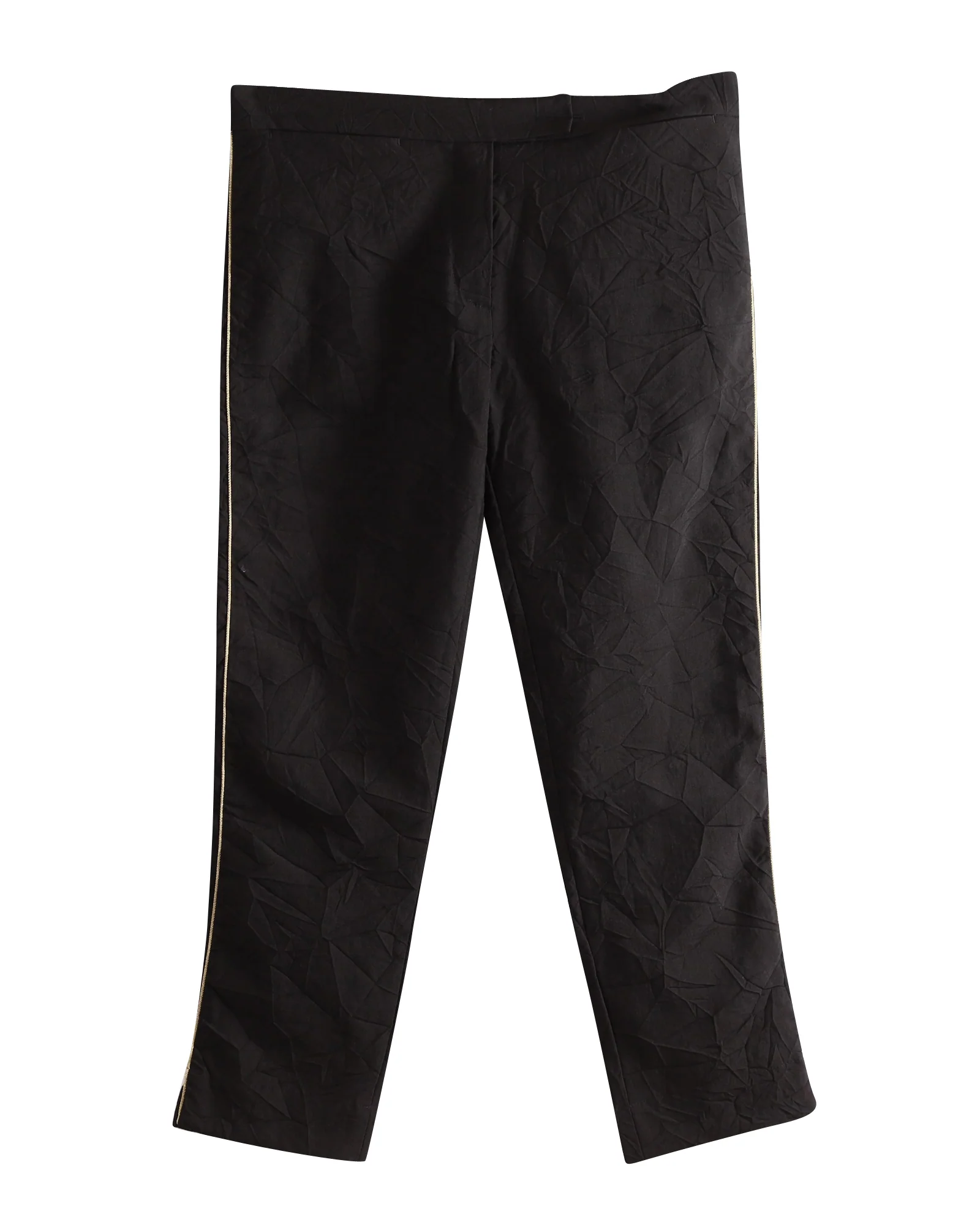 Ann Demeulemeester Gold Stripe Side Detail Cropped Trousers in Black Nylon
