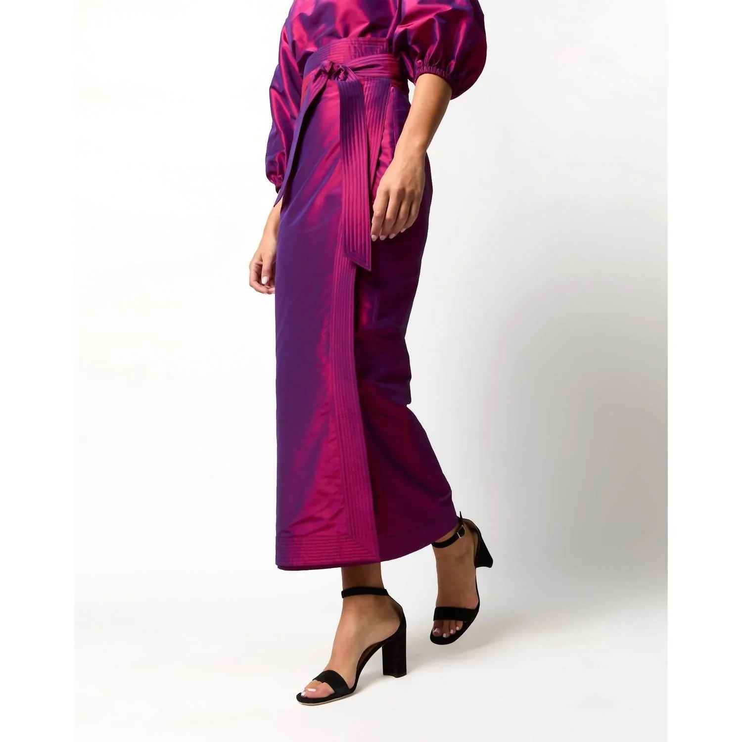 Kira Maxi Wrap Skirt In Berry Iridescent Silk Shantung