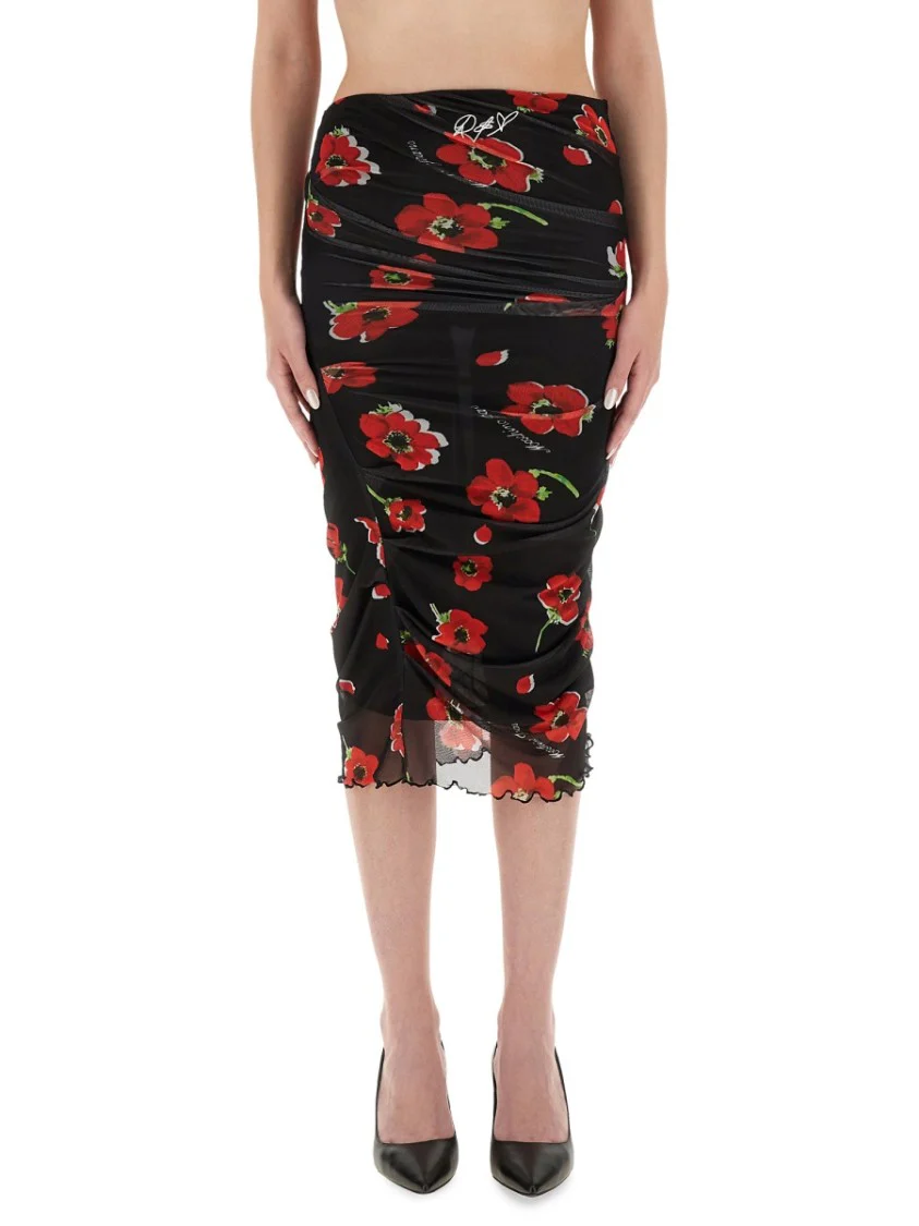 Scalloped Hem Floral Mesh Midi Skirt