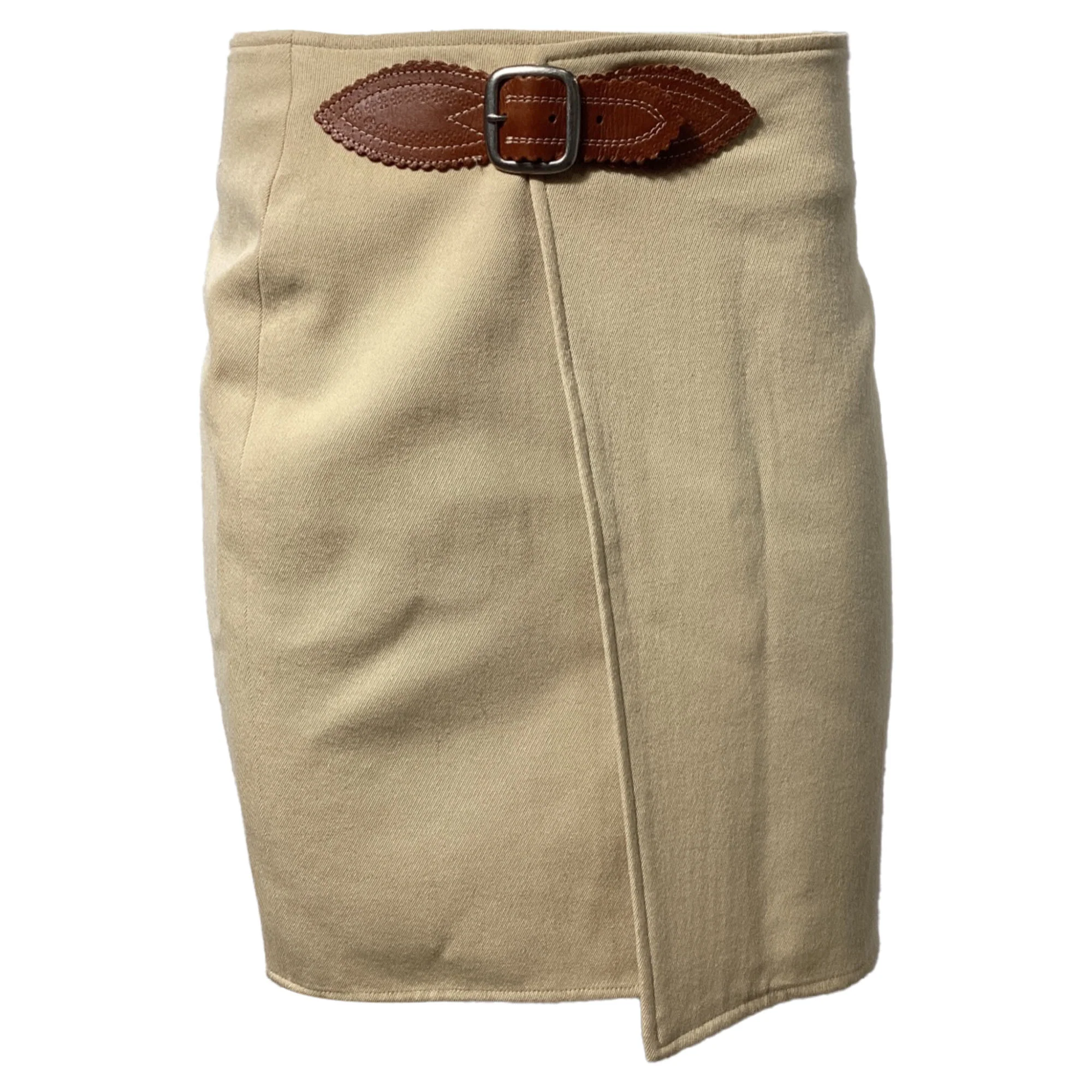 Ralph Lauren Buckle Wrap Detail Mini Pencil Skirt in Beige Wool