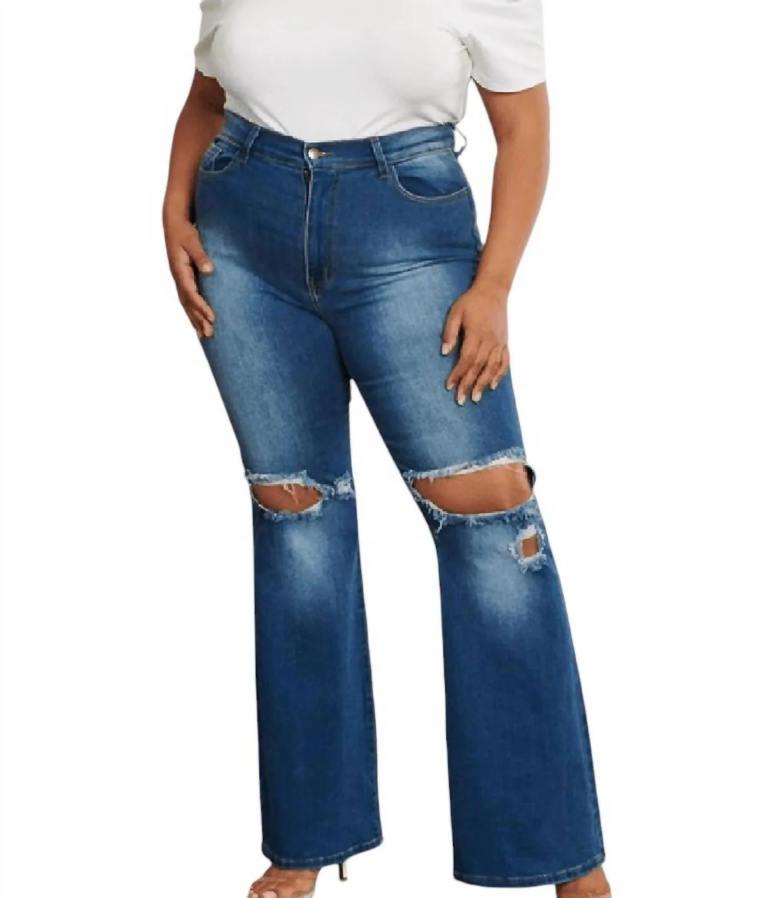 Women's Rip Knee Flare Jeans - Plus In Medium Wash