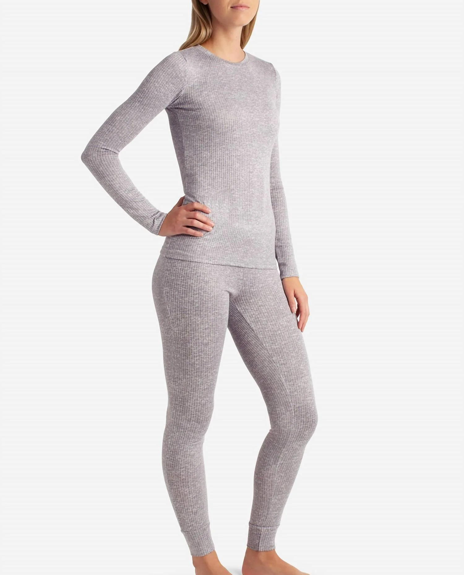 Ribbed Hacci Crew Neck Layering Set With Leggings In Sleet Heather