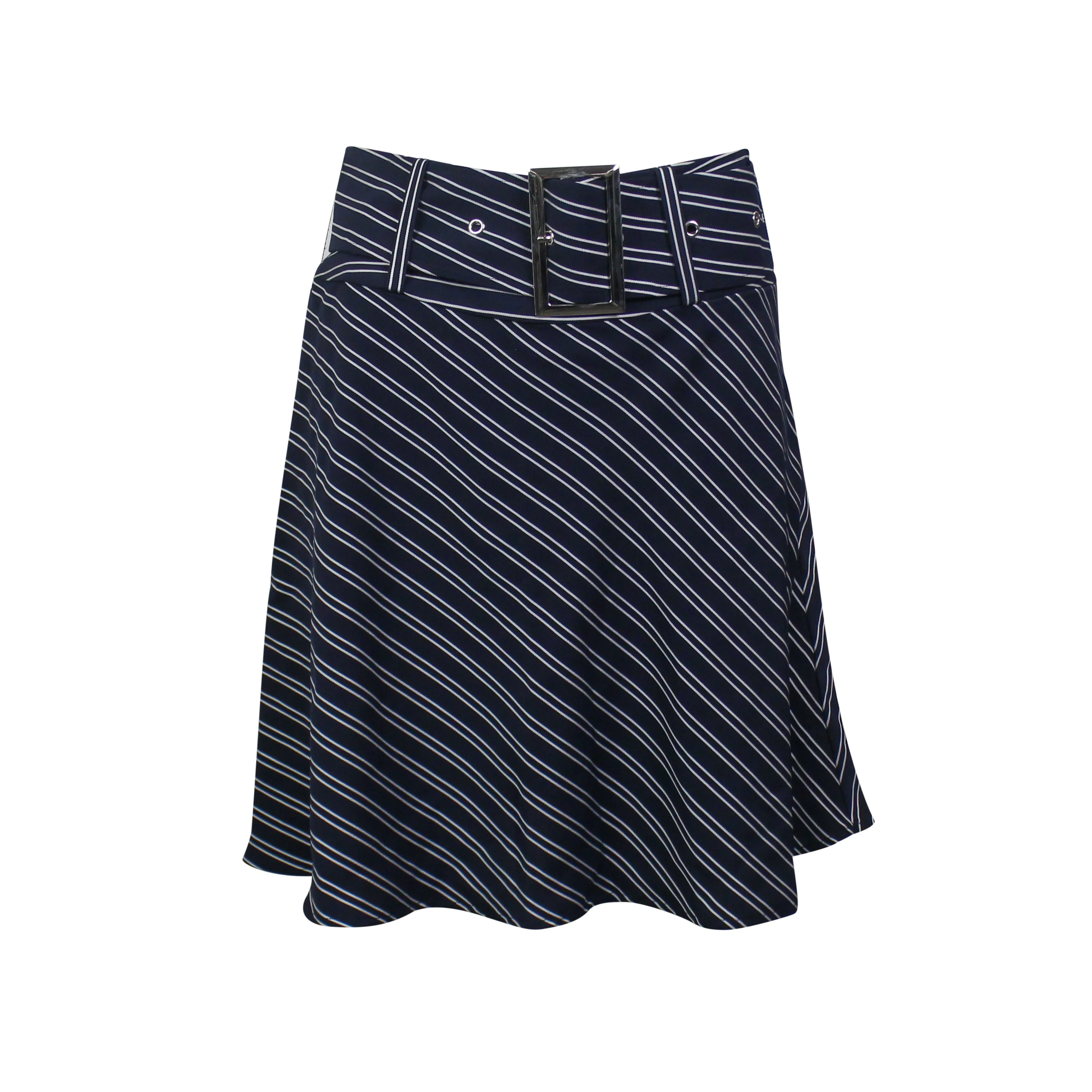 Navy Belted Striped Flare Mini Skirt