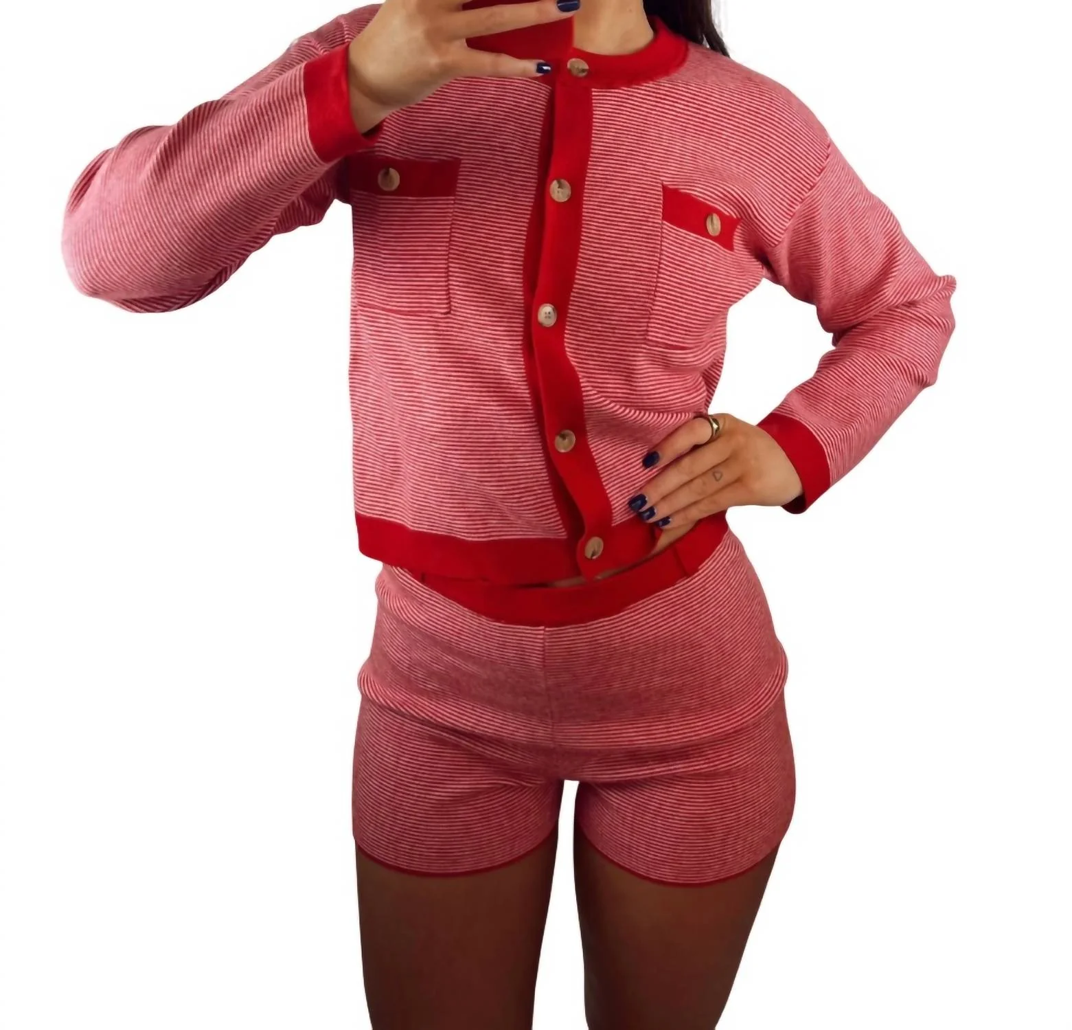 Striped Cardigan & Shorts Set In Red