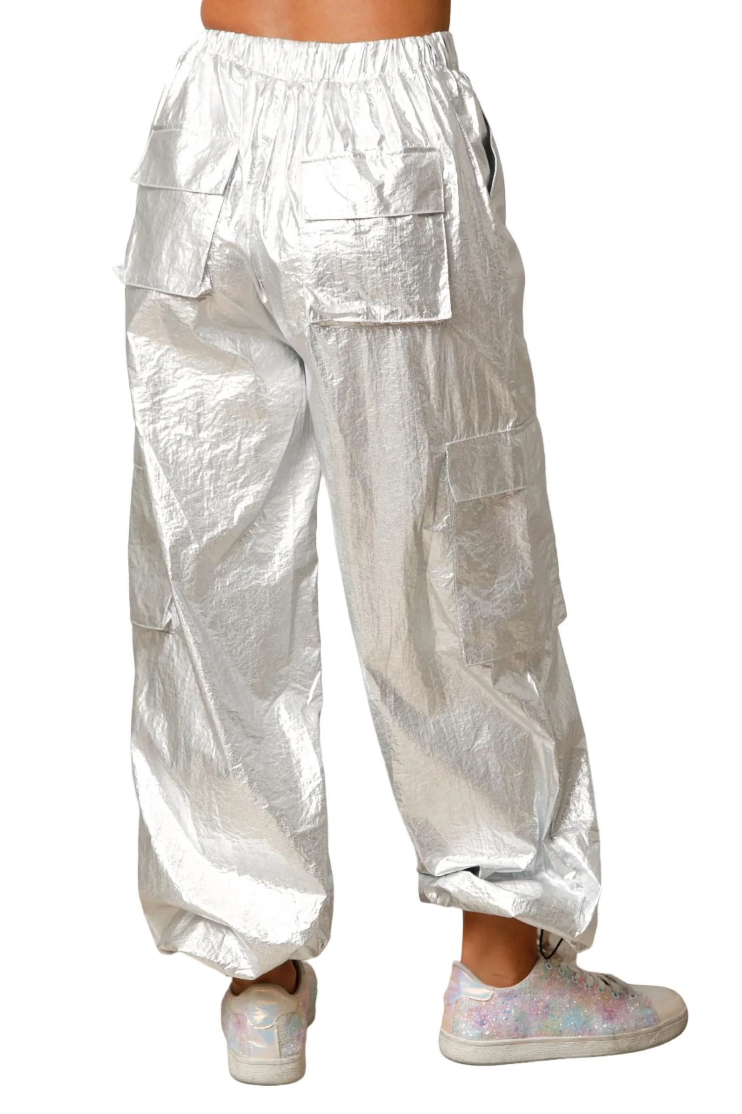 Shiny Foil Parachute Pants In Silver