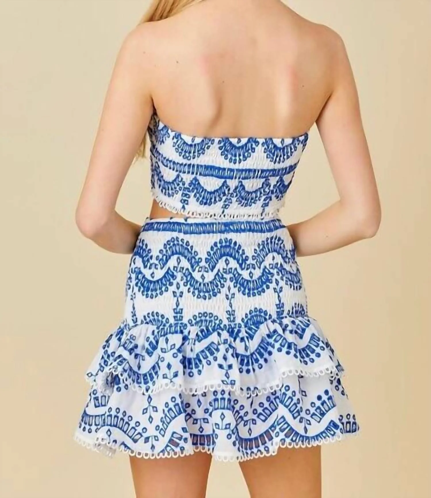 Aubrey Strapless Paisley Print Skirt Set In Blue/white