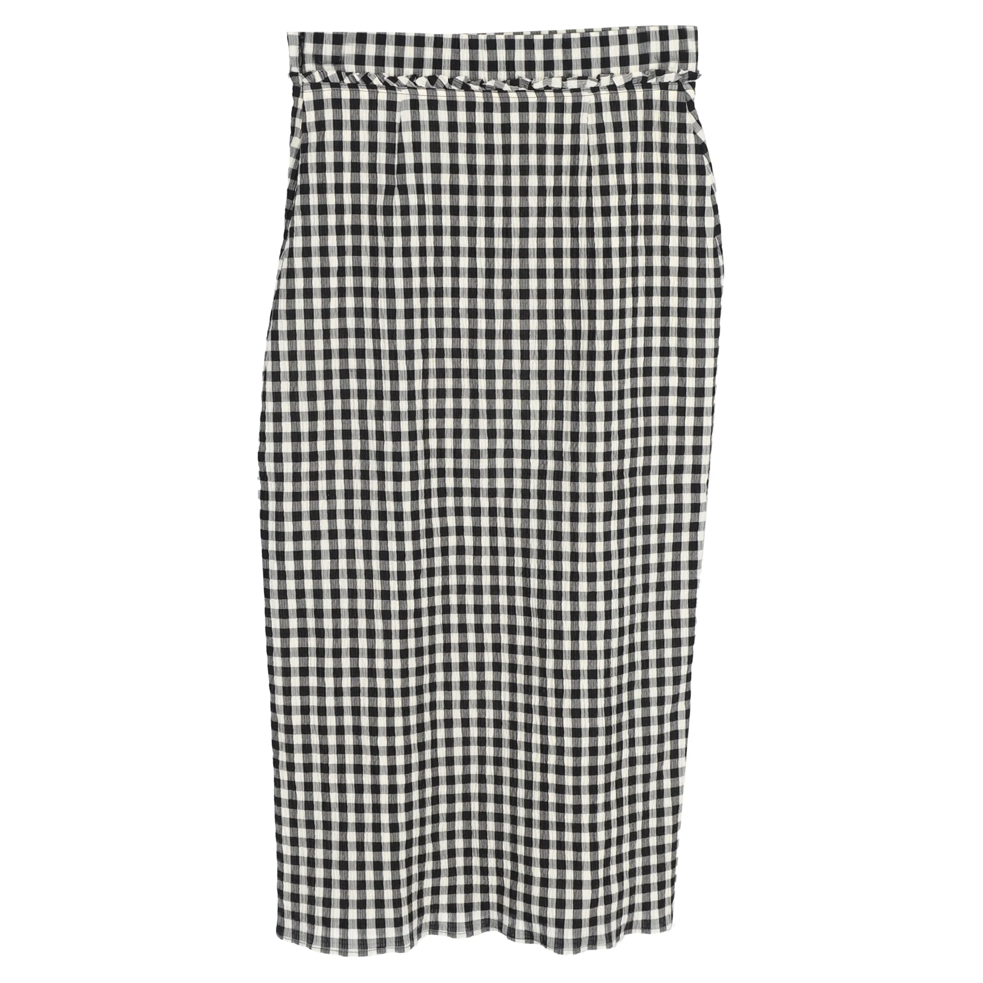 Altuzzara Belili Checkered Print Midi Ruffle-Trim Pencil Skirt in Multicolor Cotton
