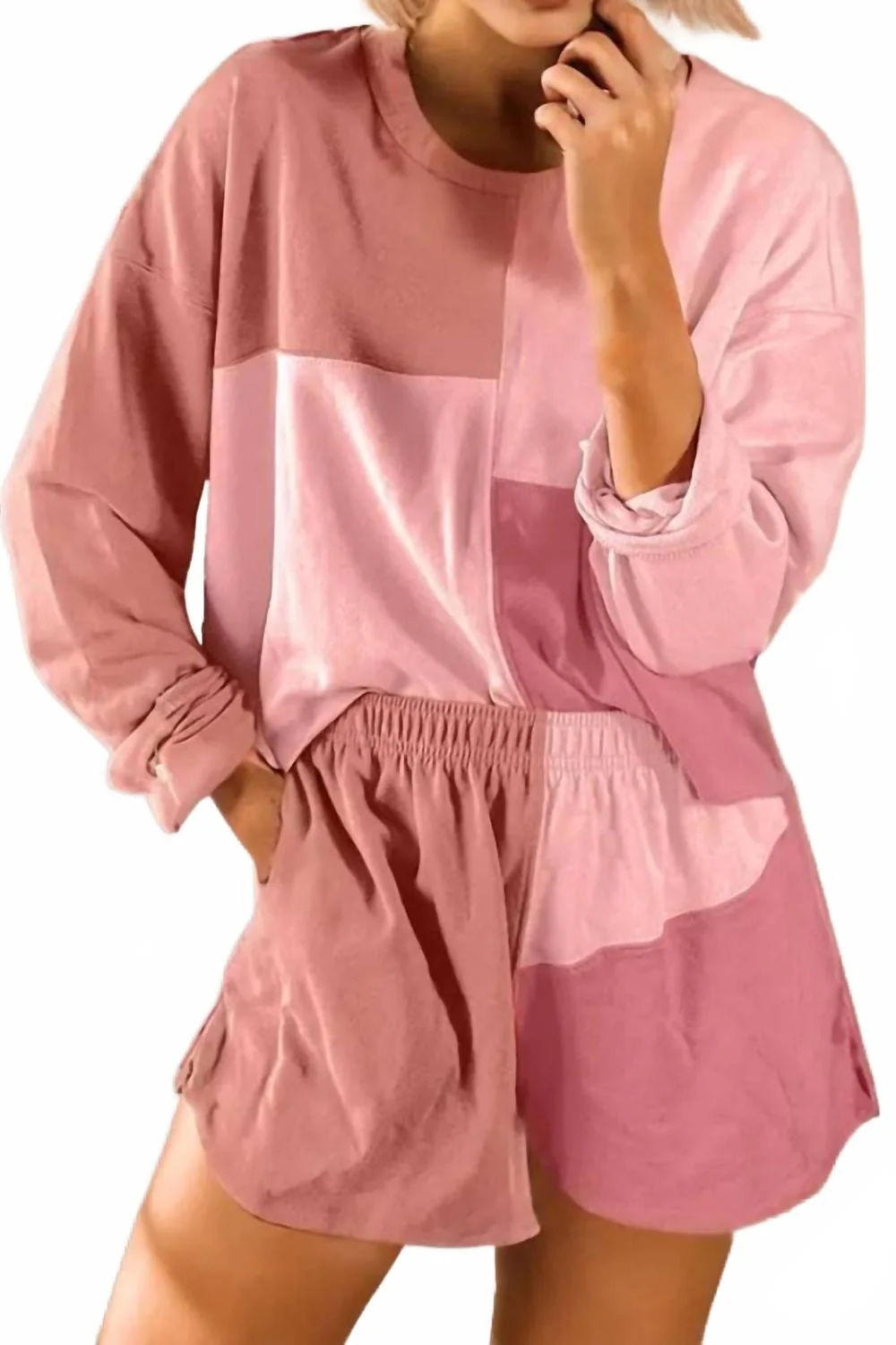 Colorblock Patchwork Long Sleeve Top And Shorts Set In Pink