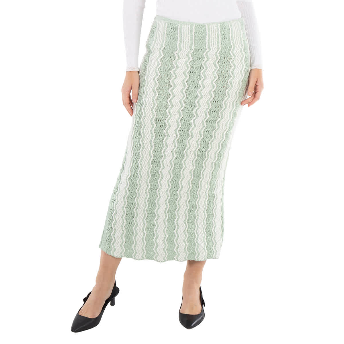 Jil Sander Ladies Acid Green Chenille-trimmed Striped Cotton-blend Midi Skirt