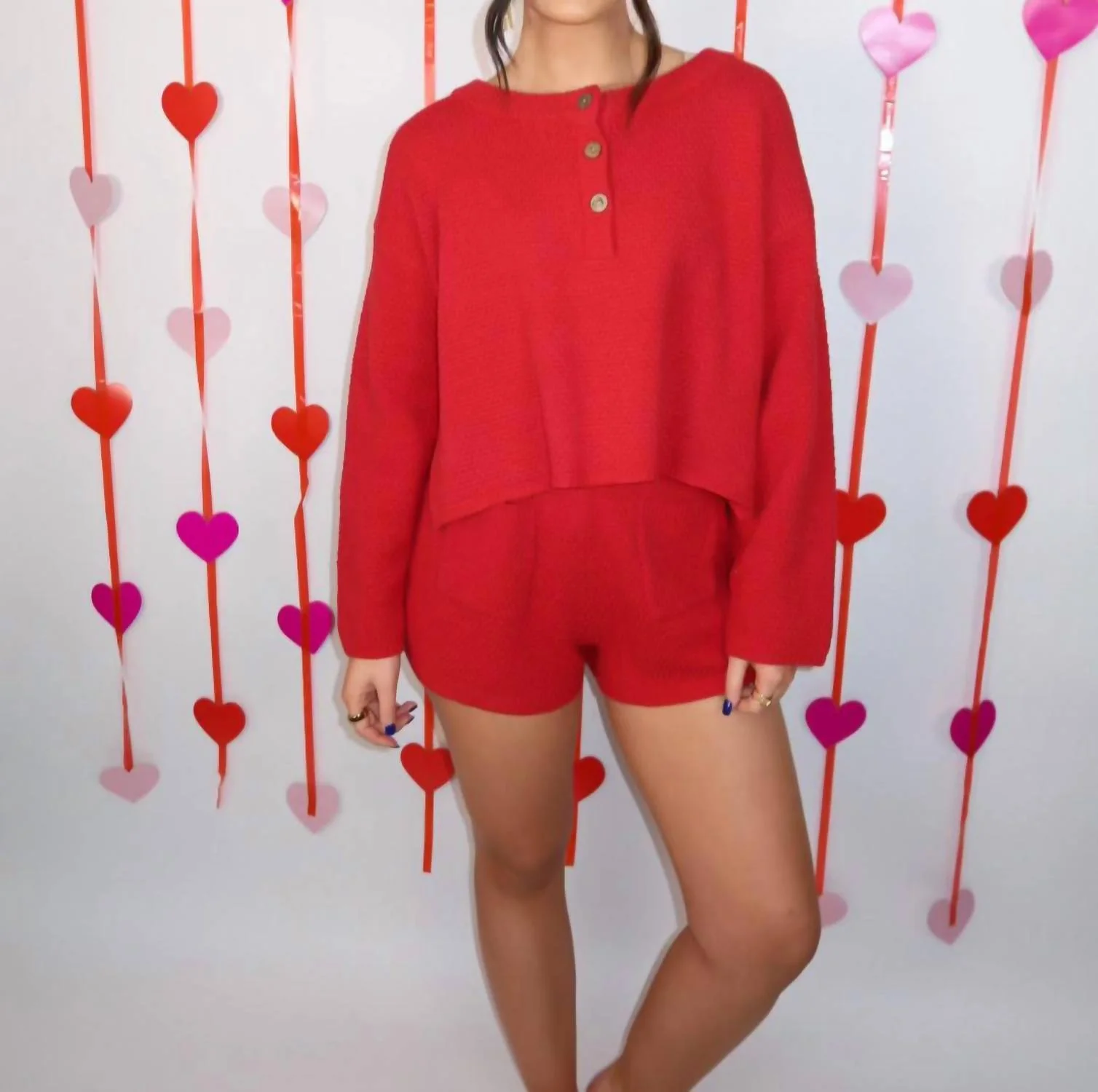 Knit Button Down Sweater Set In Red