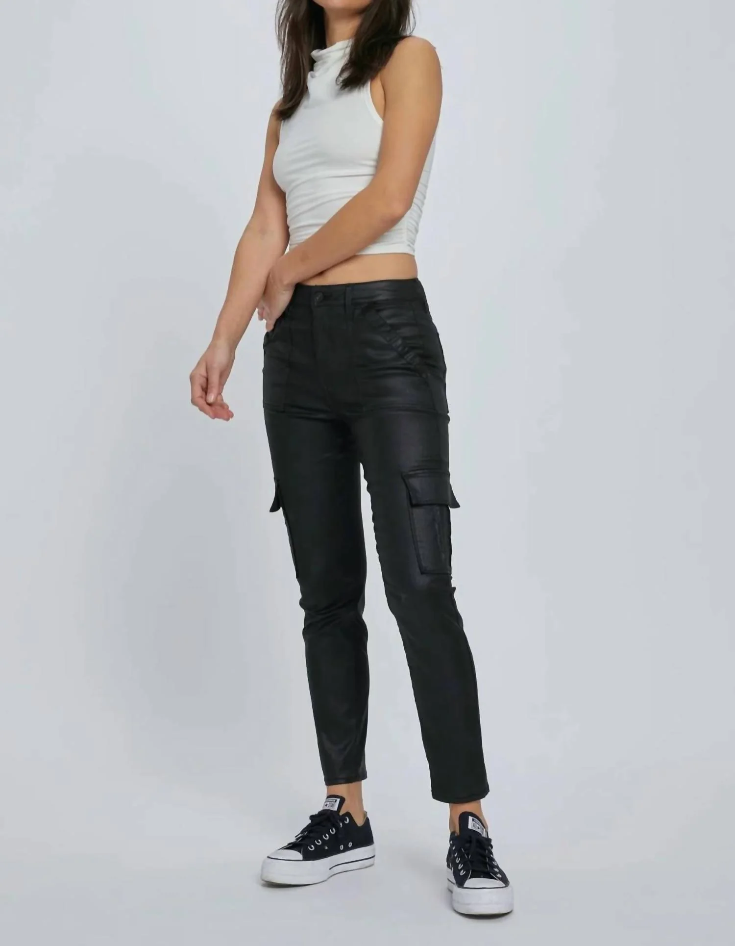 High Rise Black Coated Cargo Cigarette Skinny Jean