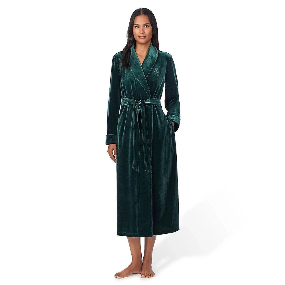 Lauren Ralph Lauren Robe Womens Small Green Velvet Shawl Collar Sleepwear JDM405 (Green,Regular,S)