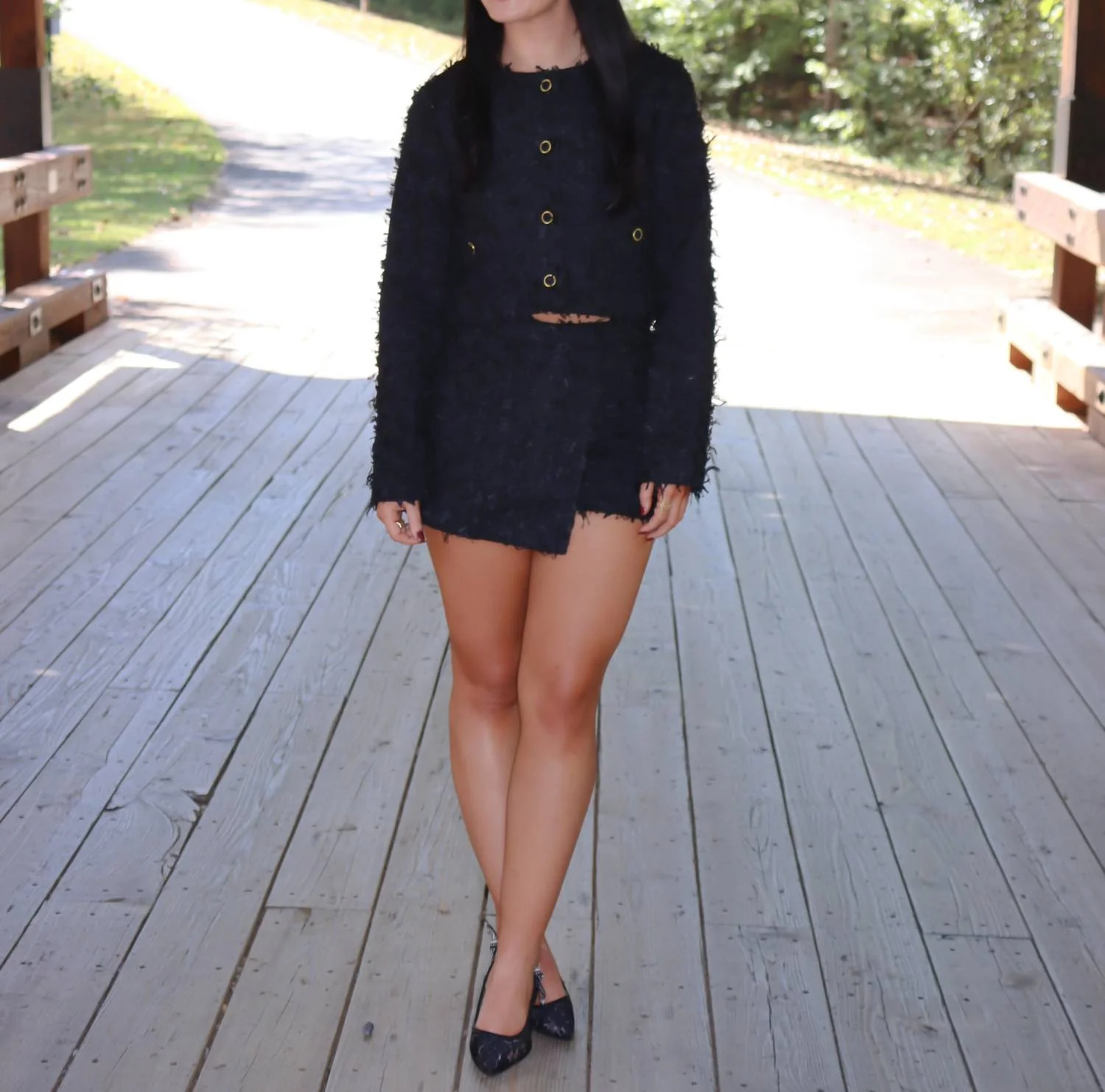 Textured Tweed Jacket & Skort Set In Navy