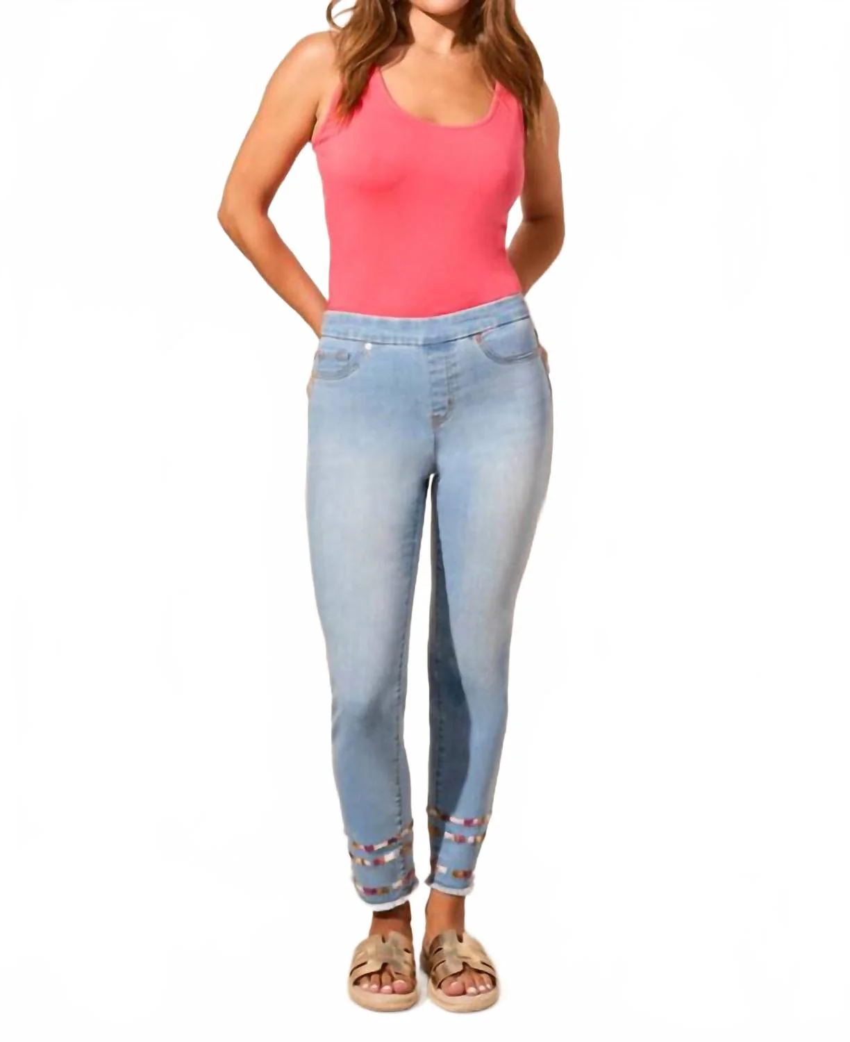 Audrey Pull-On Slim Ankle Jeans With Embroidery In Vivid Blue