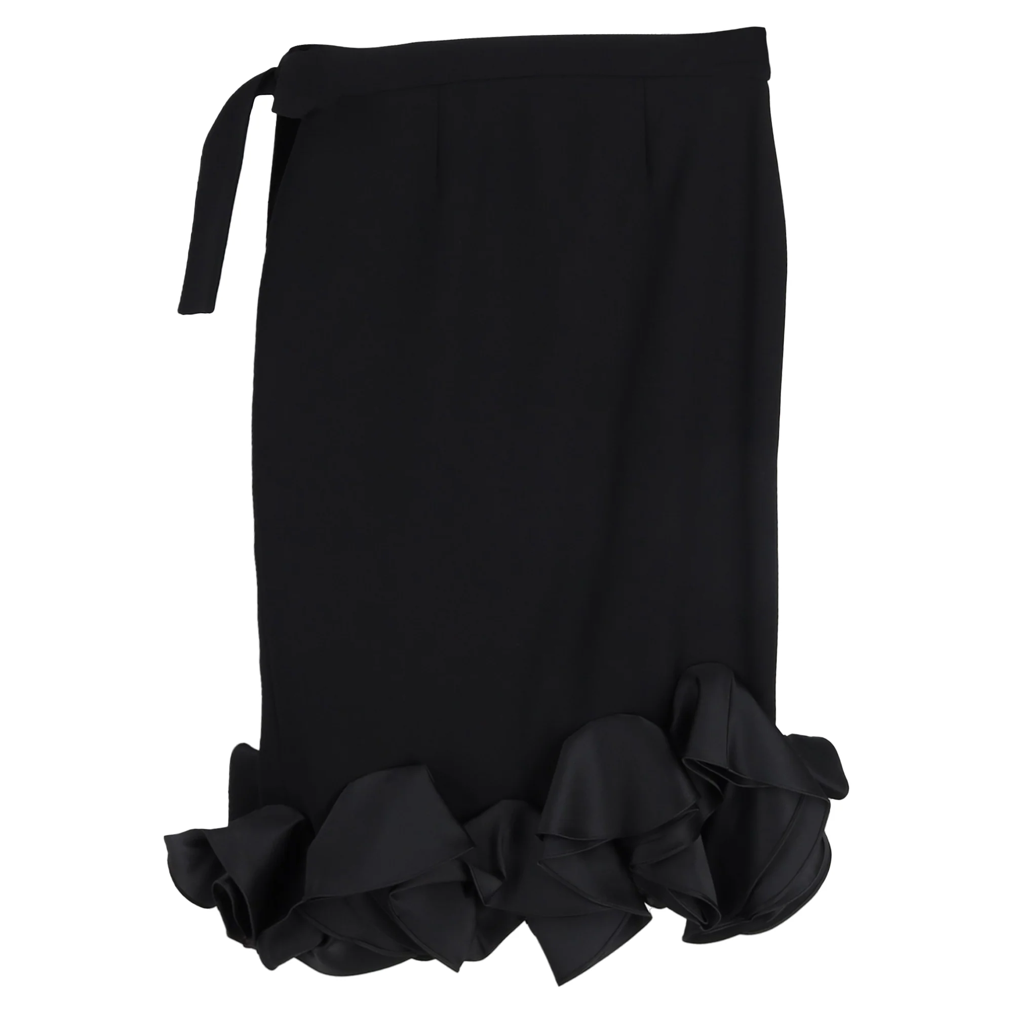 Victoria Beckham Ruffled Hem Midi Skirt in Black Wool