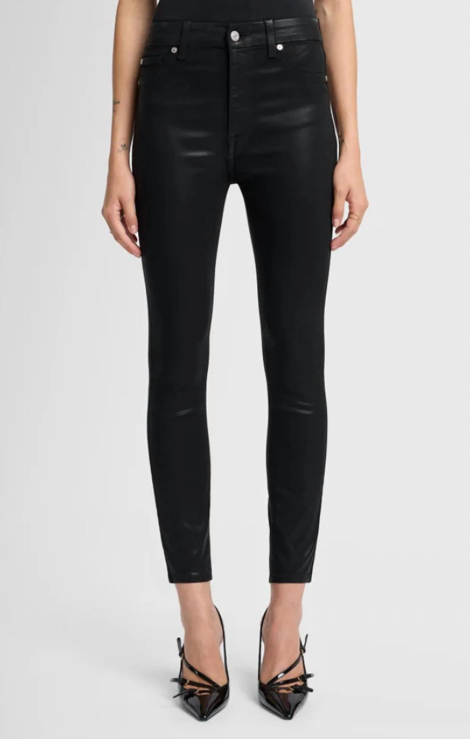 High Waist Ankle Skinny Pants In Coated Black