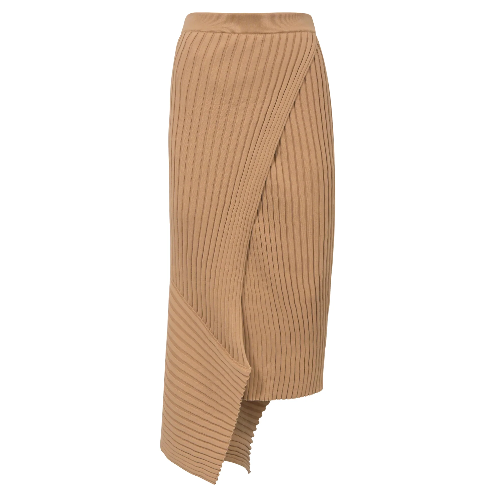 Stella McCartney Asymmetric Ribbed-Knit Midi Skirt in Tan Cotton