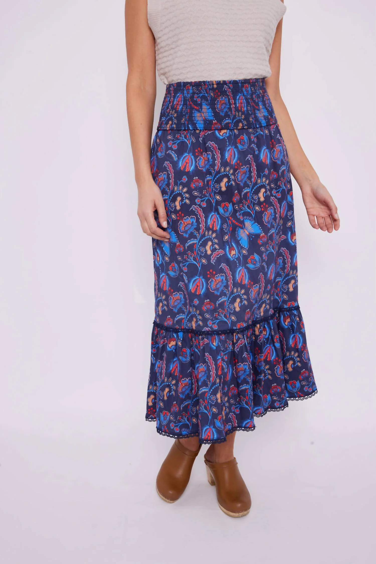 Smocked Waist Print Skirt In Aztec Floral