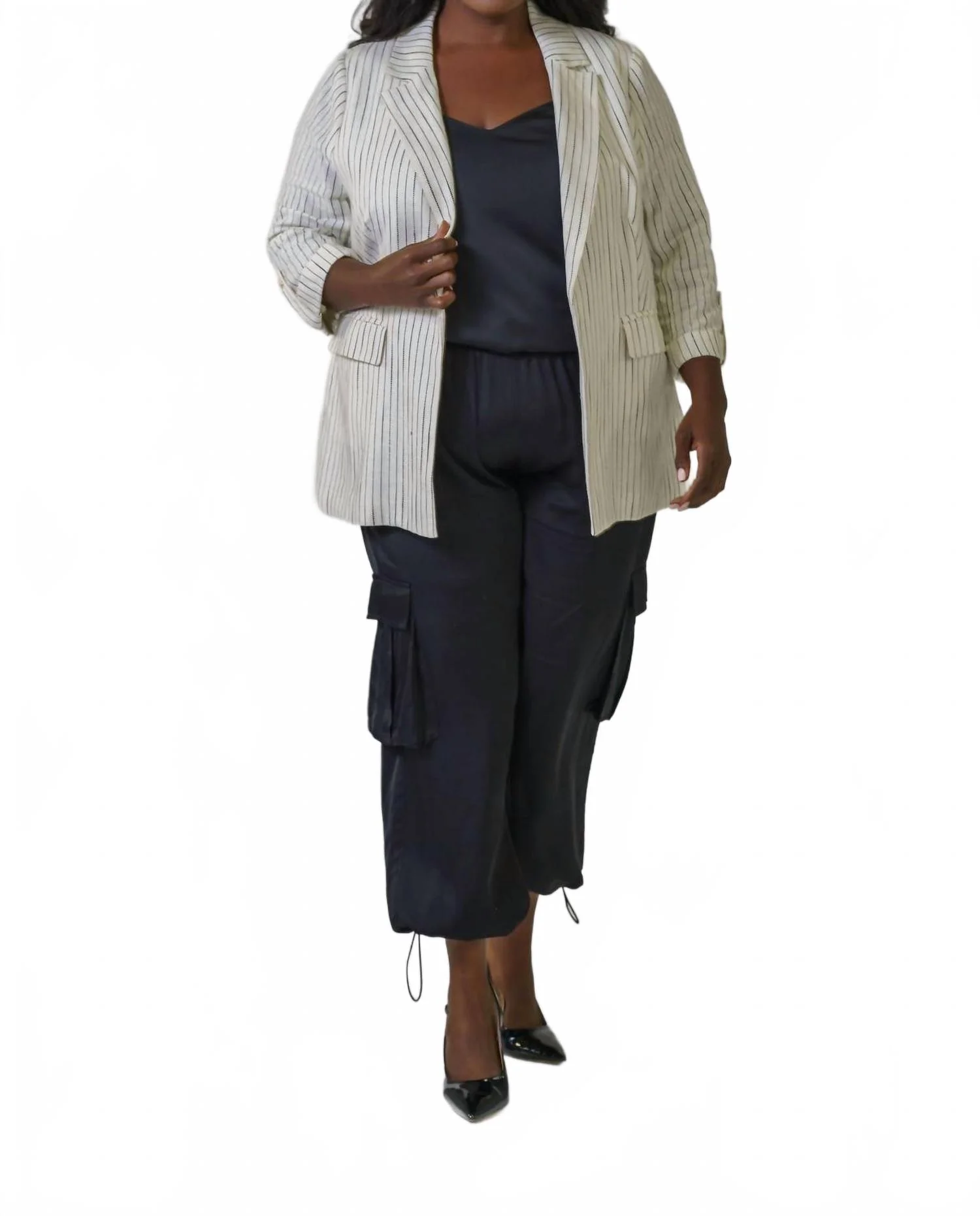 Linen Pinstripe Cuffed Blazer - Plus Size In Off White & Black