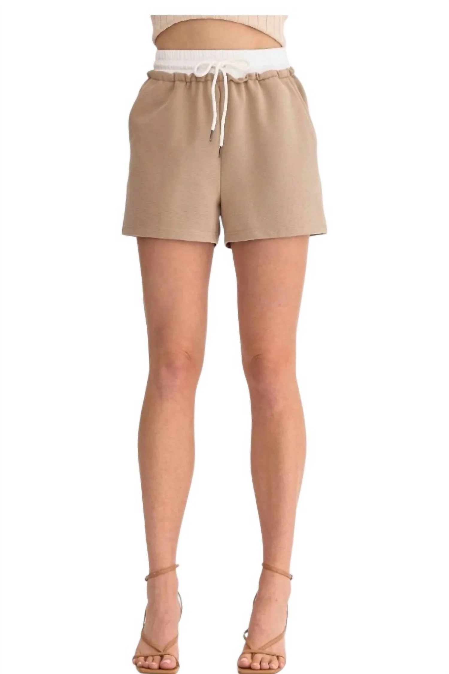 Contrast Ruffle Sleeves Top & Short Set In Light Taupe