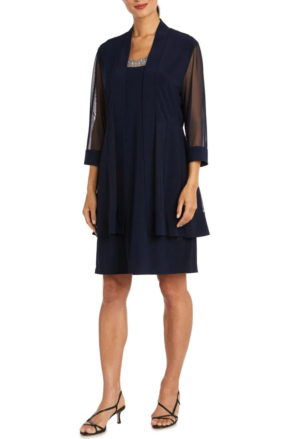 3/4 Sleeve Embellished Jacket & Dress Set In Navy