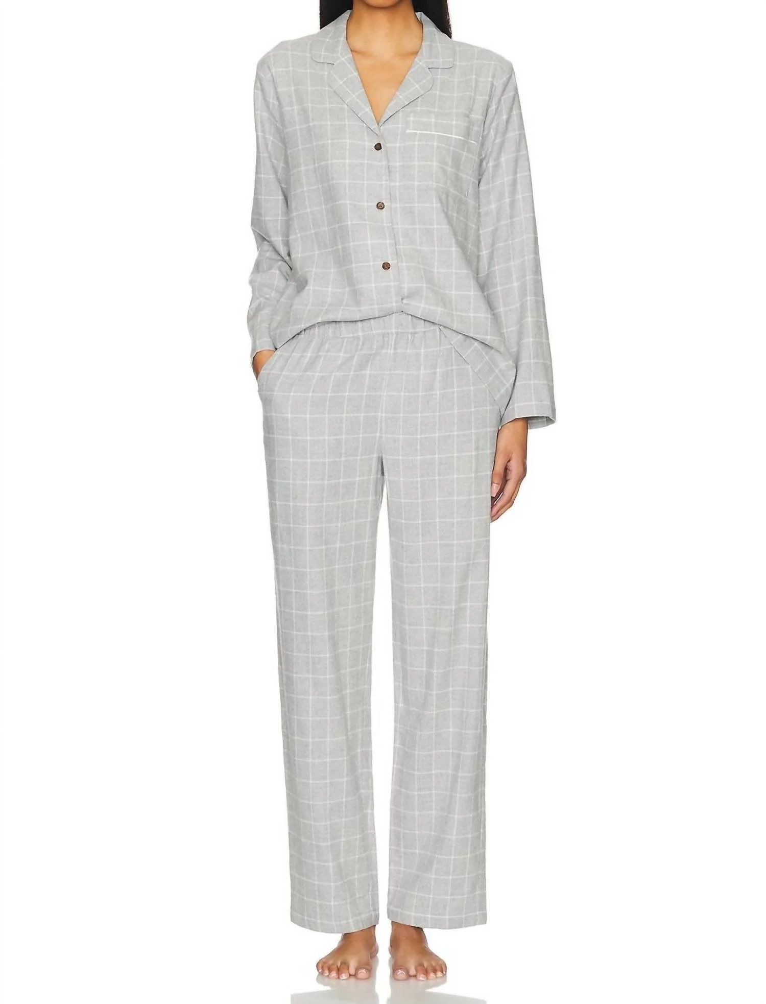 Flannel Long Pj Set In Winter Check Heather Grey