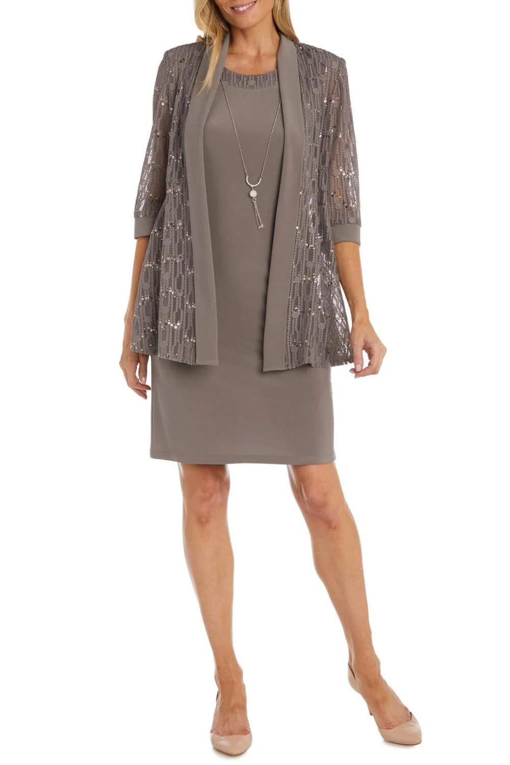 Sequined Lace 3/4 Sleeve Jacket & Dress Set In Mocha