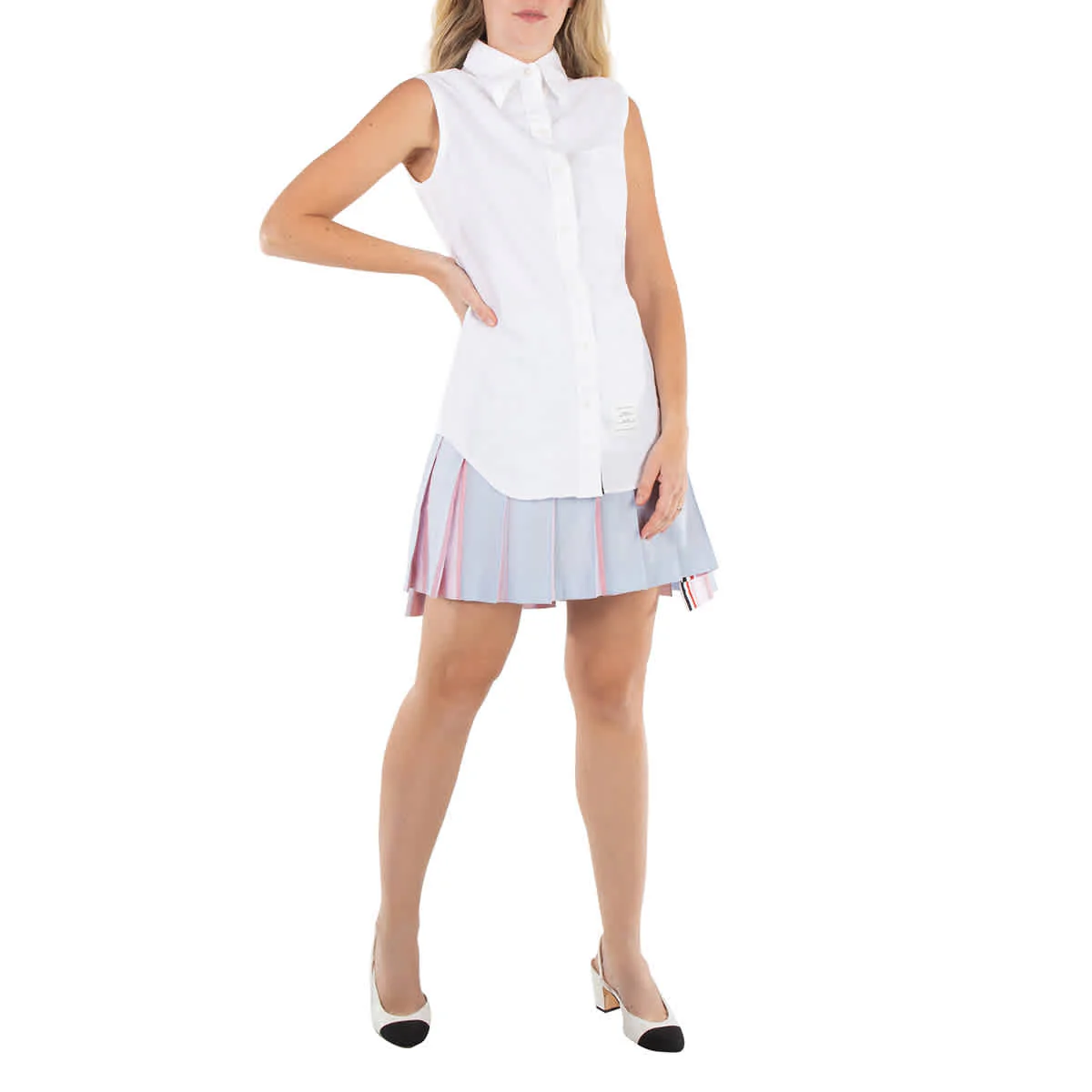 Thom Browne Ladies Light Blue Step-Hem Pleated Skirt, Brand Size 38 (US Size 2)