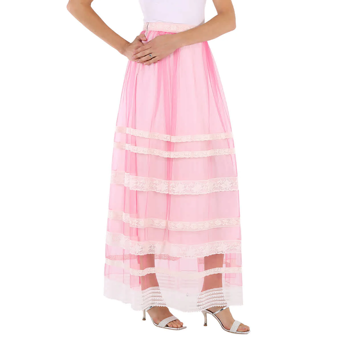 Burberry Ladies Bright Pink Floral Lace-trim Tulle Maxi Skirt