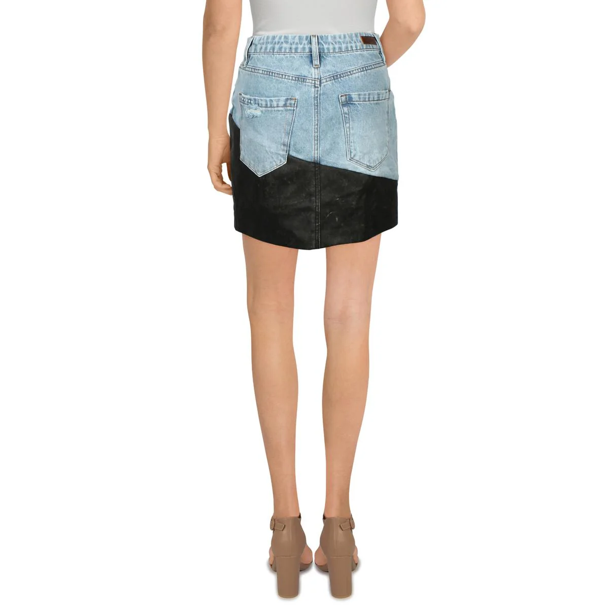 Womens Denim Faux Leather Trim Mini Skirt