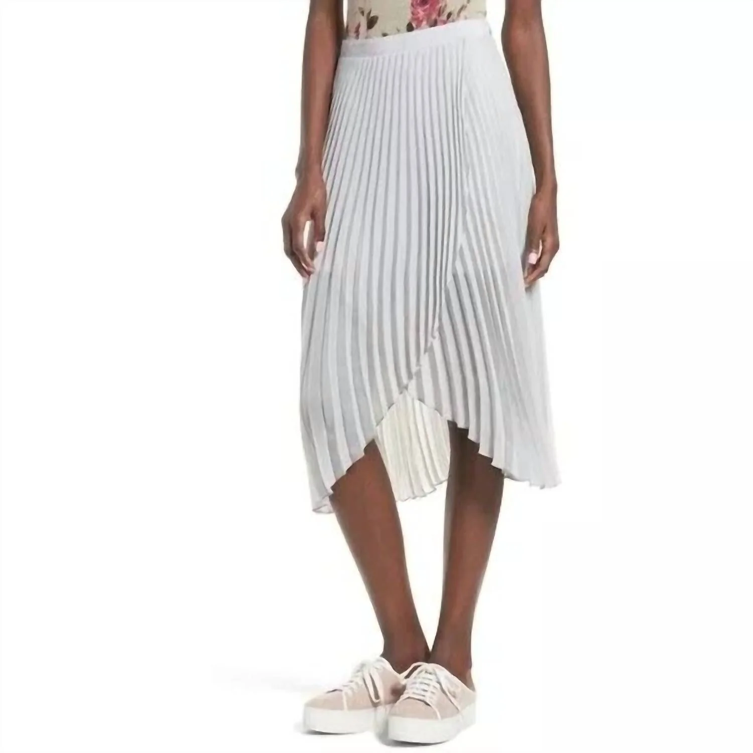 High Low Tulip Hem Pleated Flowy Midi Skirt In Gray