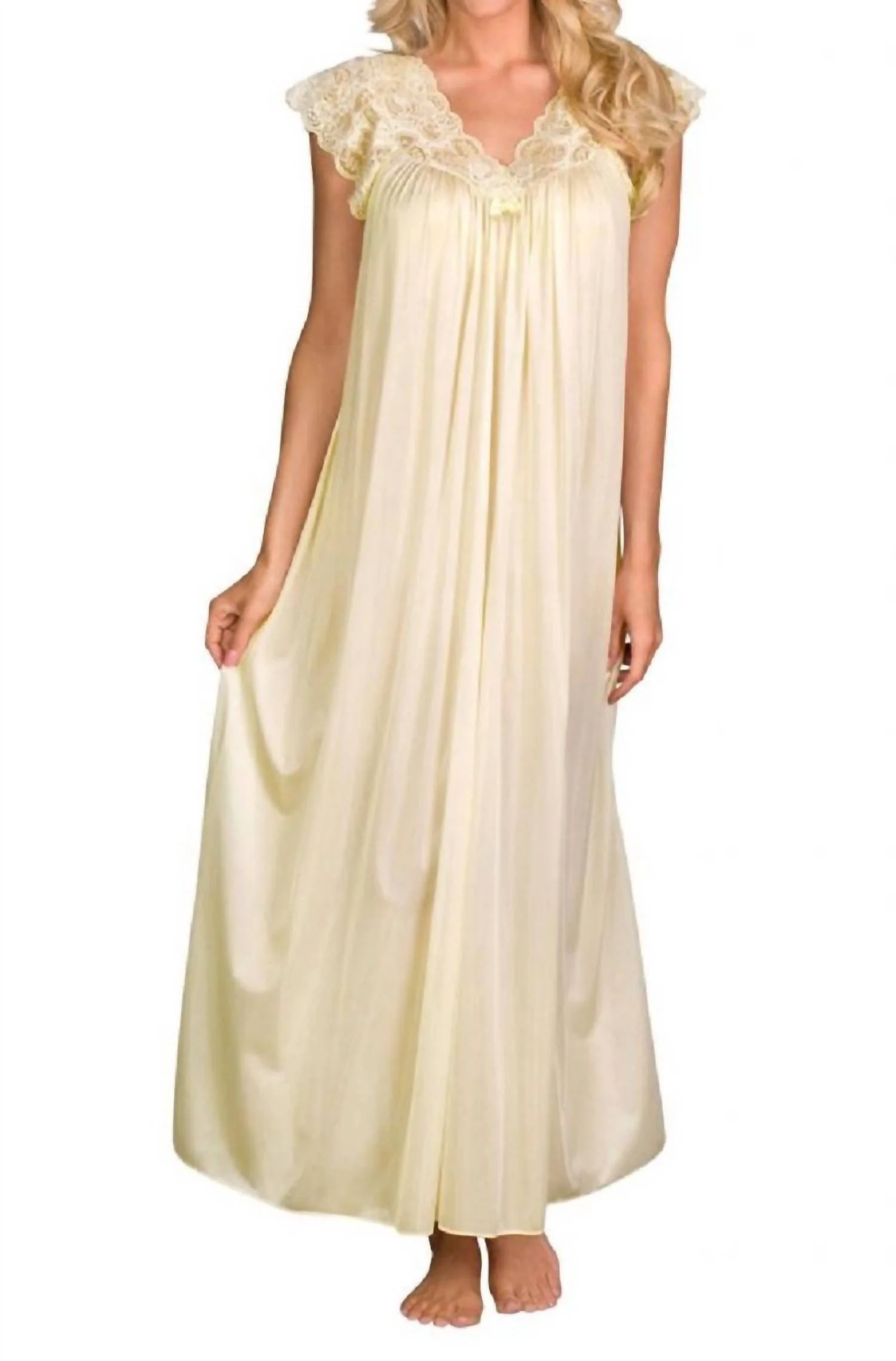 Long Lace Cap Sleeve Nightgown In Ivory