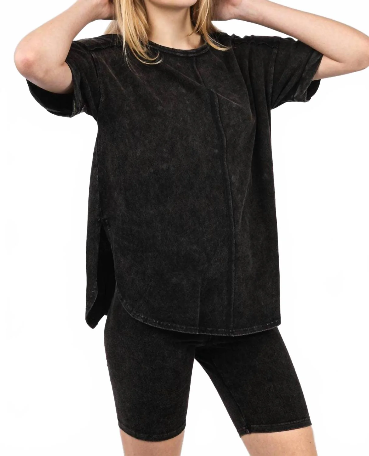 Comfy Washed Biker Top And Short Set In Black