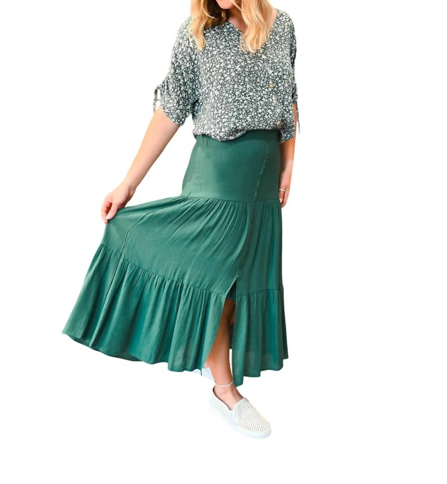 Tiered Crinkled Skirt In Emerald