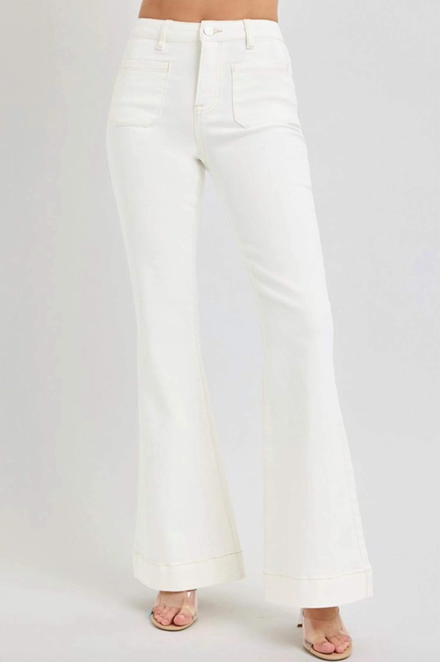 Patch Pocket Flare Jeans In Cream