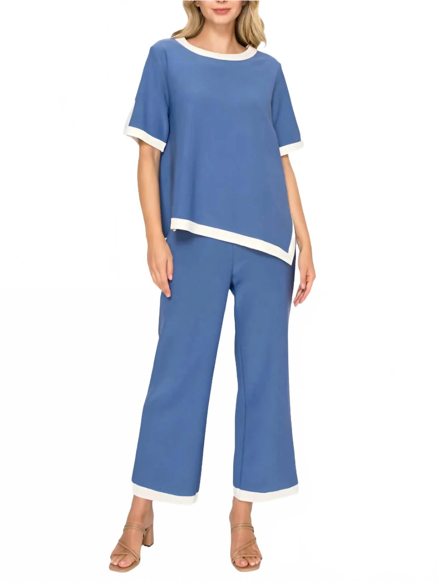 Crepe Top And Pants Knit Set In Blue
