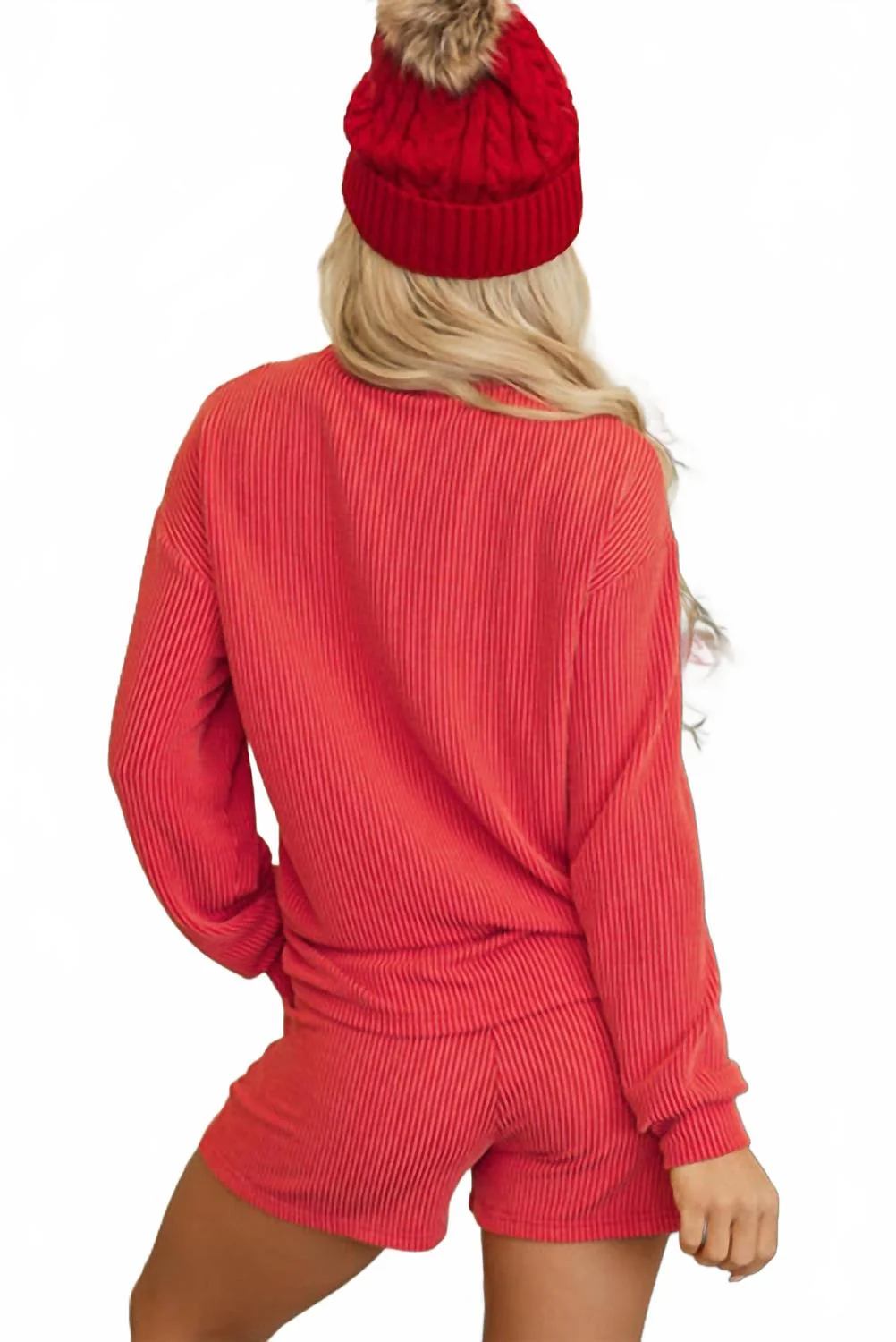 Merry Ribbed Shorts Set In Red