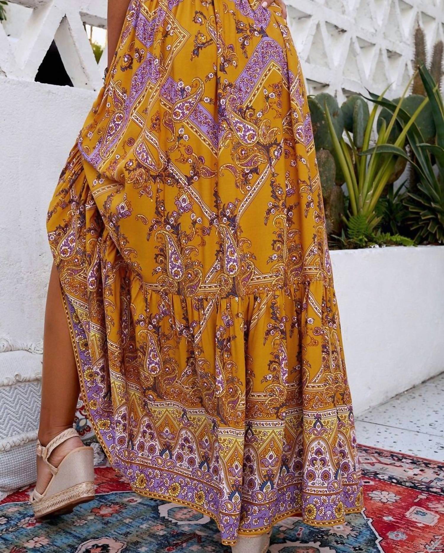 Boho Floral Print Ruffled Elastic High Waist Maxi Skirt In Orange