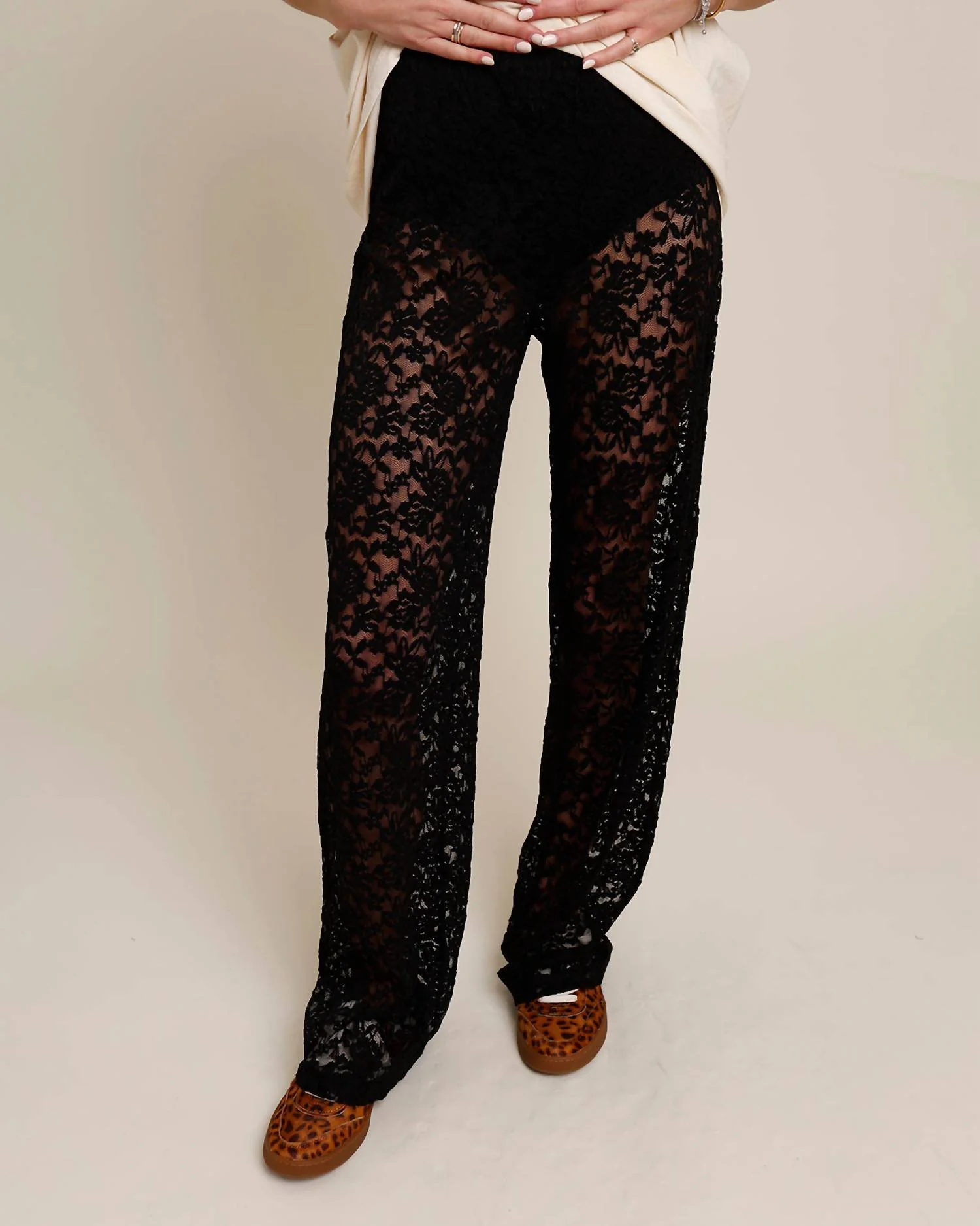 Sheer Lace Wide Leg Pants In Black