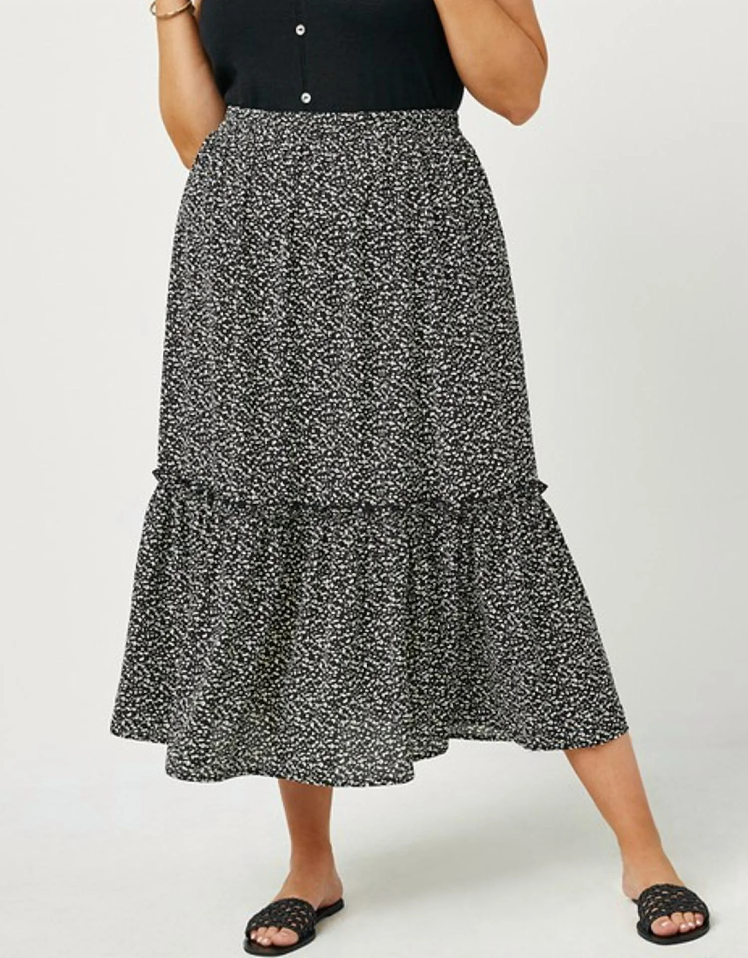 Dotted Tiered Midi Skirt - Plus In Black