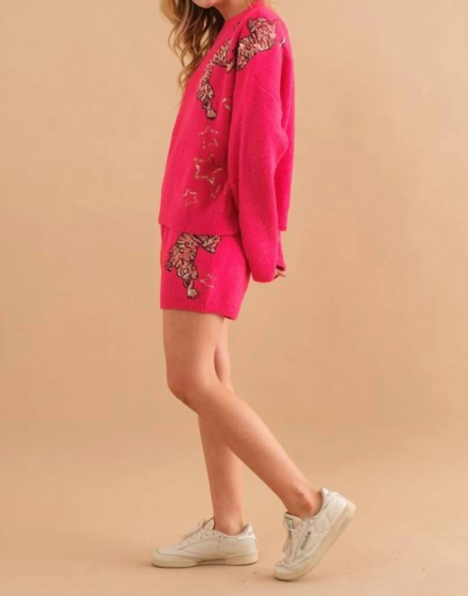 Cozy Soft Knitted Tiger Star Lounge Set In Hot Pink